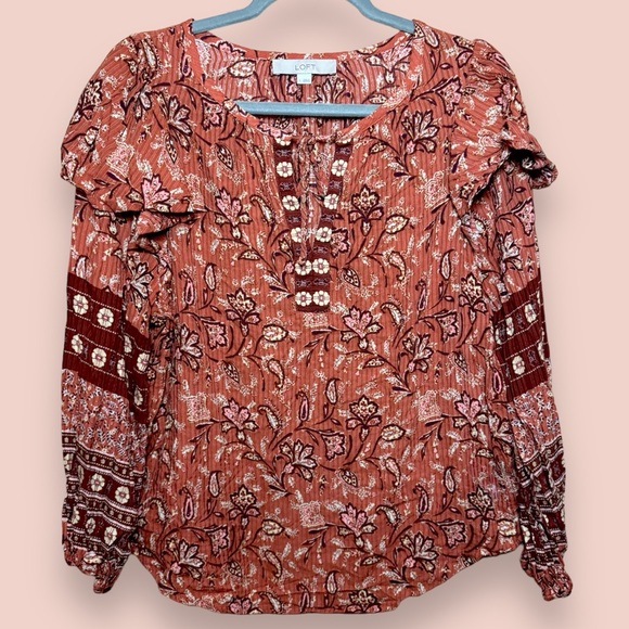 LOFT Bouquet Ruffle Tie Neck Boho Blouse - Picture 2 of 2